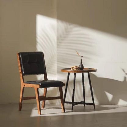 Traditional Vintage PU Leather & Wood Square Dining Chair With Backrest For Dining Room