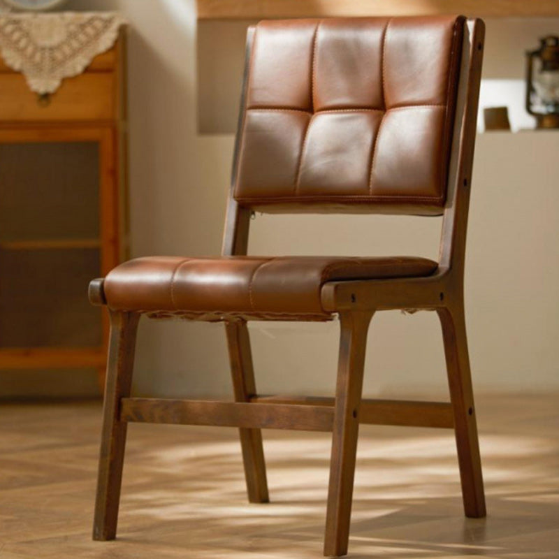 Traditional Vintage PU Leather & Wood Square Dining Chair With Backrest For Dining Room