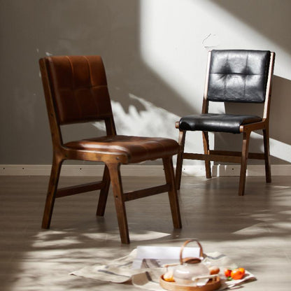 Traditional Vintage PU Leather & Wood Square Dining Chair With Backrest For Dining Room