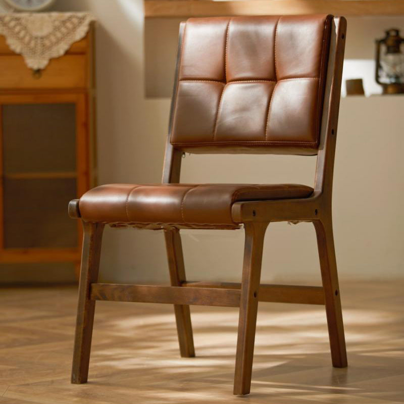 Traditional Vintage PU Leather & Wood Square Dining Chair With Backrest For Dining Room