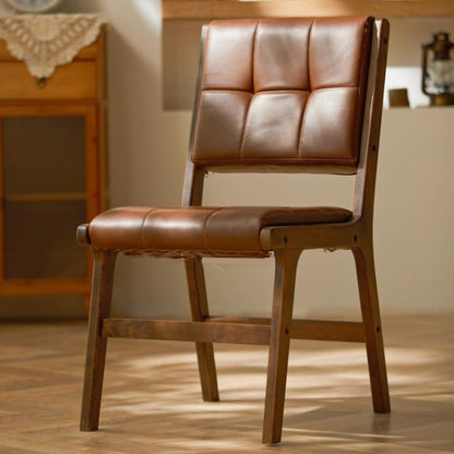 Traditional Vintage PU Leather & Wood Square Dining Chair With Backrest For Dining Room