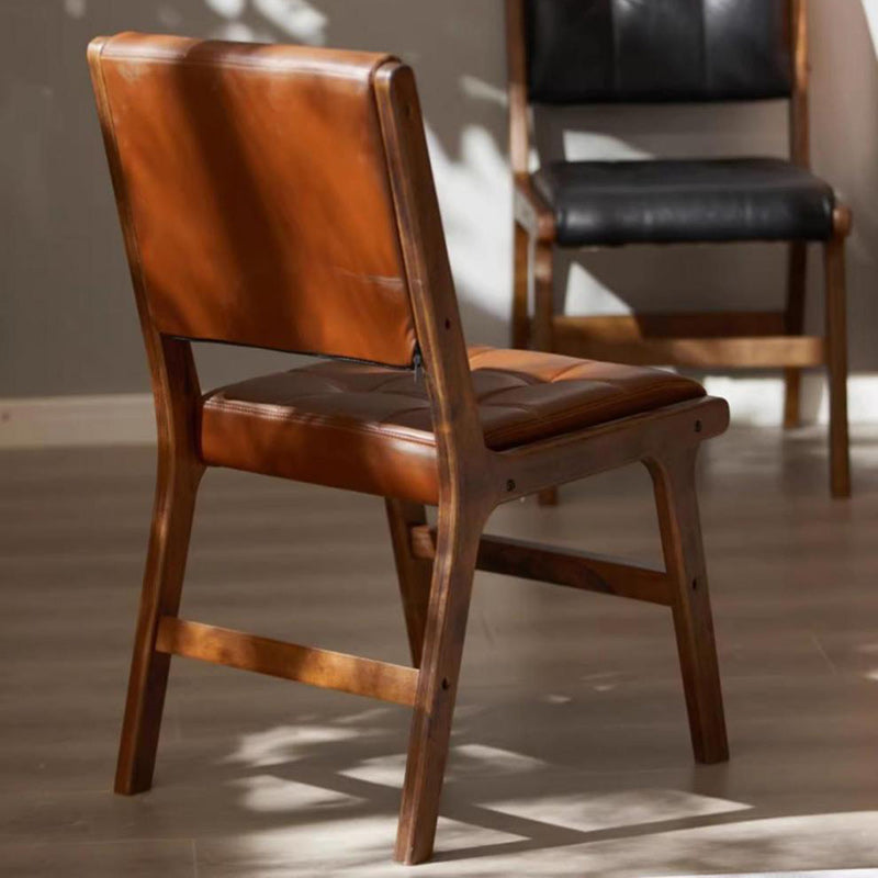Traditional Vintage PU Leather & Wood Square Dining Chair With Backrest For Dining Room