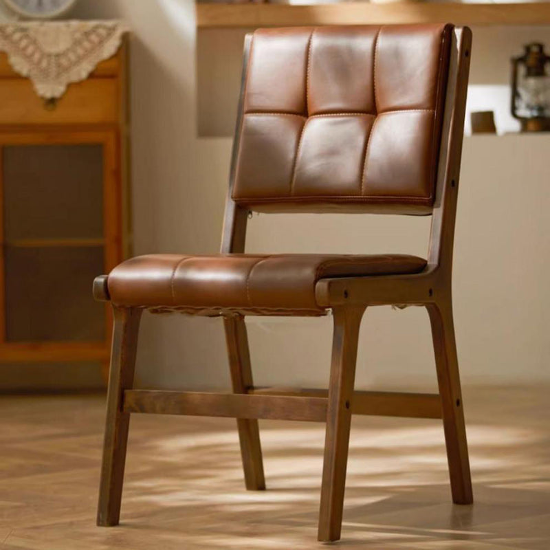 Traditional Vintage PU Leather & Wood Square Dining Chair With Backrest For Dining Room
