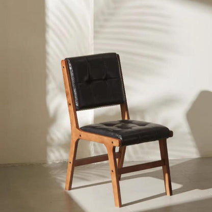 Traditional Vintage PU Leather & Wood Square Dining Chair With Backrest For Dining Room