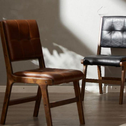 Traditional Vintage PU Leather & Wood Square Dining Chair With Backrest For Dining Room