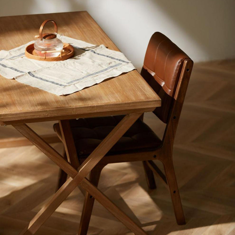 Traditional Vintage PU Leather & Wood Square Dining Chair With Backrest For Dining Room