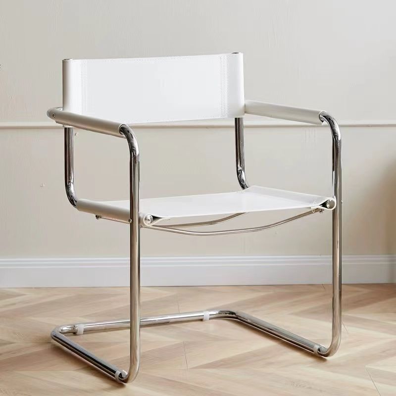 Modern Mid-Century Saddle Leather & Stainless Steel Square Dining Chair With Backrest And Armrest For Dining Room