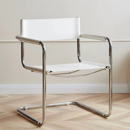 Modern Mid-Century Saddle Leather & Stainless Steel Square Dining Chair With Backrest And Armrest For Dining Room