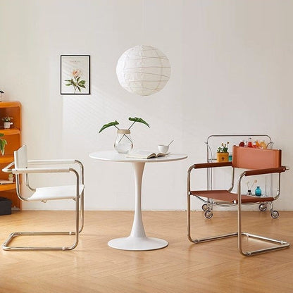 Modern Mid-Century Saddle Leather & Stainless Steel Square Dining Chair With Backrest And Armrest For Dining Room