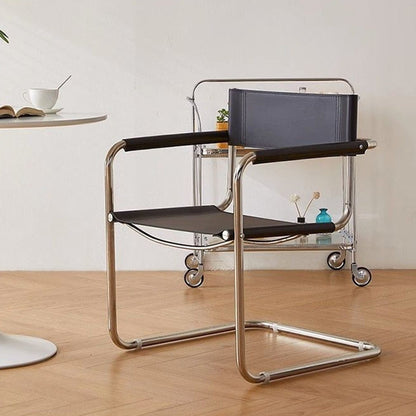 Modern Mid-Century Saddle Leather & Stainless Steel Square Dining Chair With Backrest And Armrest For Dining Room