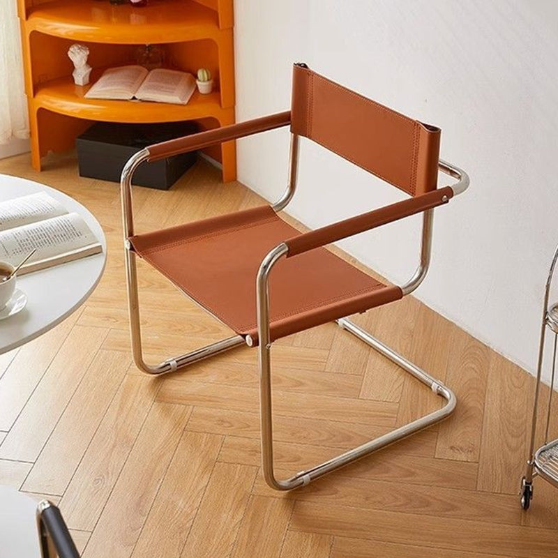 Modern Mid-Century Saddle Leather & Stainless Steel Square Dining Chair With Backrest And Armrest For Dining Room
