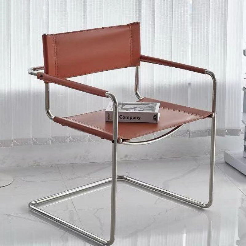 Modern Mid-Century Saddle Leather & Stainless Steel Square Dining Chair With Backrest And Armrest For Dining Room
