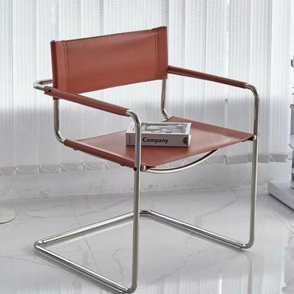 Modern Mid-Century Saddle Leather & Stainless Steel Square Dining Chair With Backrest And Armrest For Dining Room