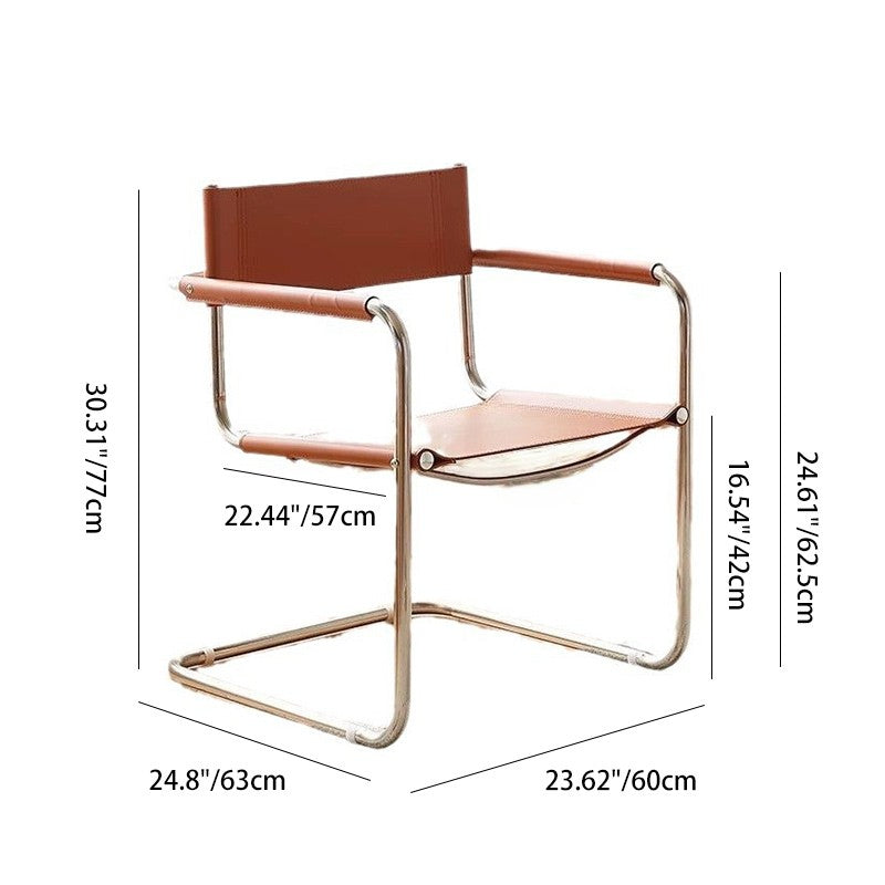 Modern Mid-Century Saddle Leather & Stainless Steel Square Dining Chair With Backrest And Armrest For Dining Room