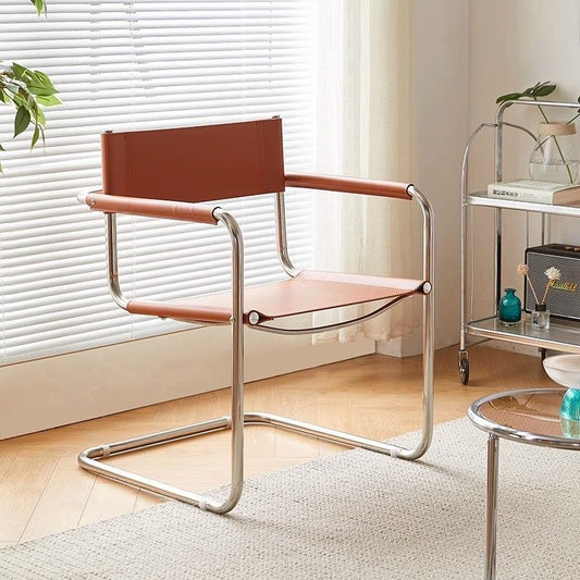 Modern Mid-Century Saddle Leather & Stainless Steel Square Dining Chair With Backrest And Armrest For Dining Room