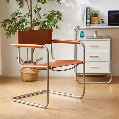 Modern Mid-Century Saddle Leather & Stainless Steel Square Dining Chair With Backrest And Armrest For Dining Room