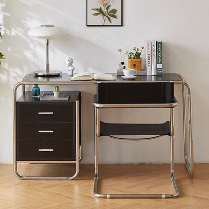 Modern Mid-Century Saddle Leather & Stainless Steel Square Dining Chair With Backrest And Armrest For Dining Room