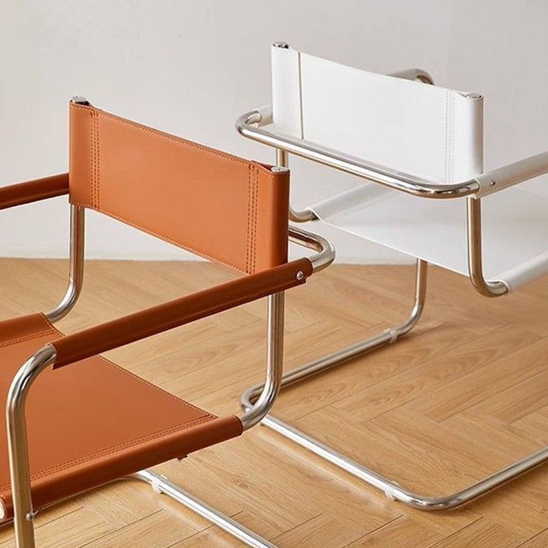 Modern Mid-Century Saddle Leather & Stainless Steel Square Dining Chair With Backrest And Armrest For Dining Room