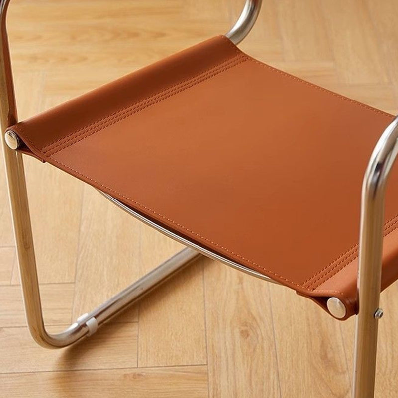 Modern Mid-Century Saddle Leather & Stainless Steel Square Dining Chair With Backrest And Armrest For Dining Room