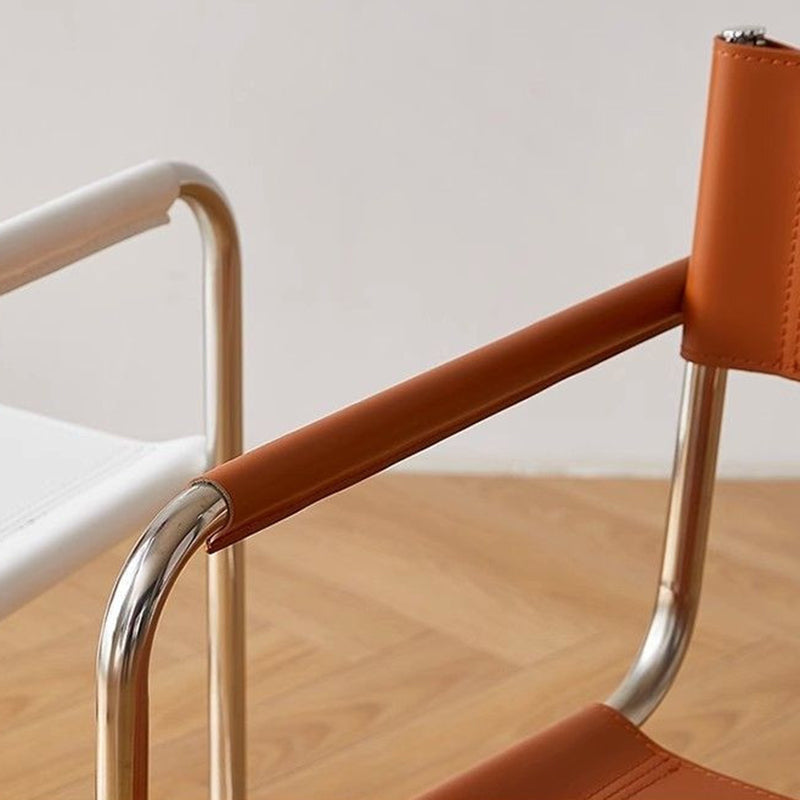 Modern Mid-Century Saddle Leather & Stainless Steel Square Dining Chair With Backrest And Armrest For Dining Room
