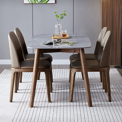 Modern Minimalist Wood & Microfiber Leather Square Curved Dining Chair With Moisture-Resistant Design For Dining Room & Living Room