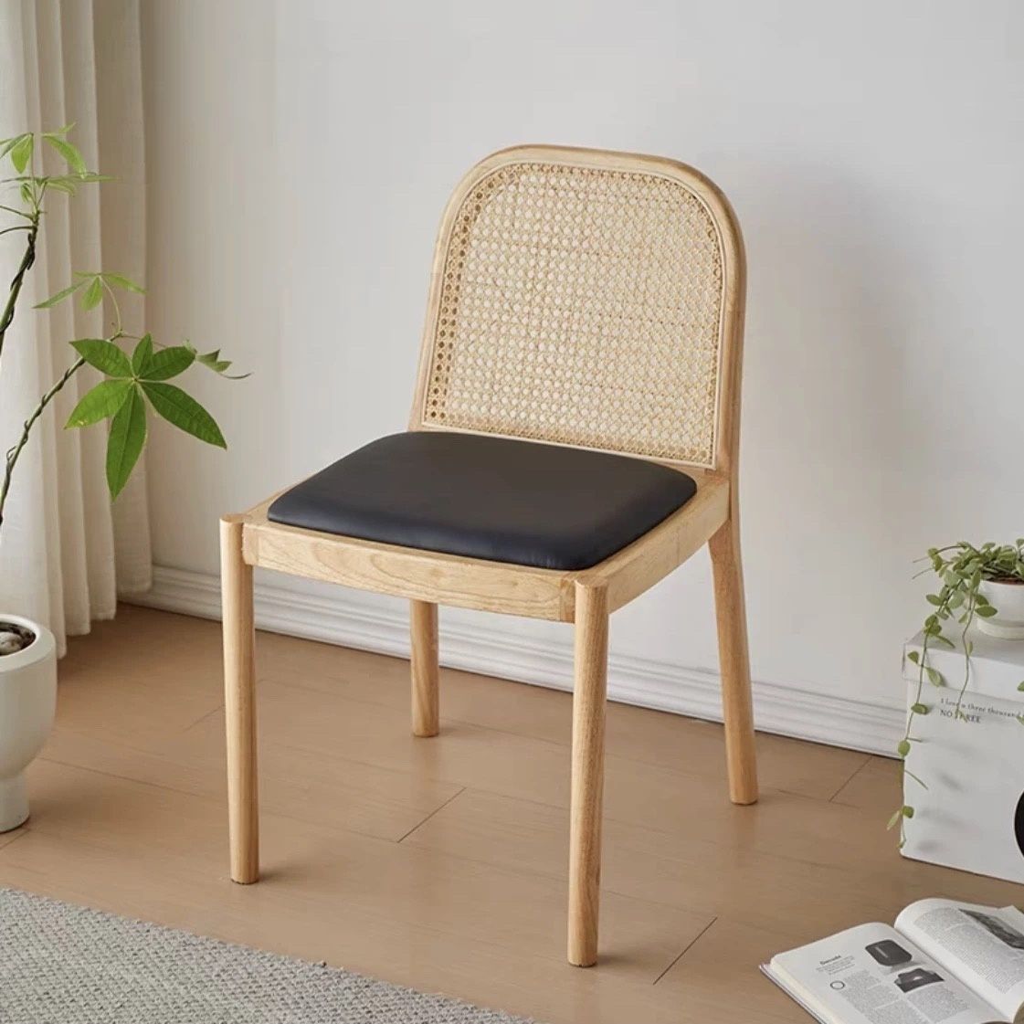 Contemporary Nordic Wood Leather Square Dining Chair For Dining Room And Living Room