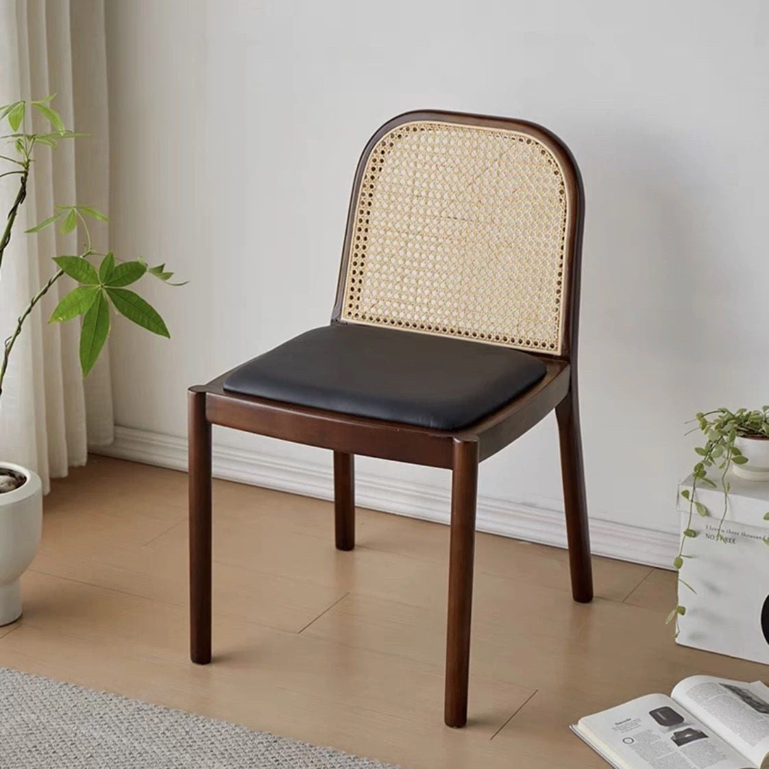 Contemporary Nordic Wood Leather Square Dining Chair For Dining Room And Living Room