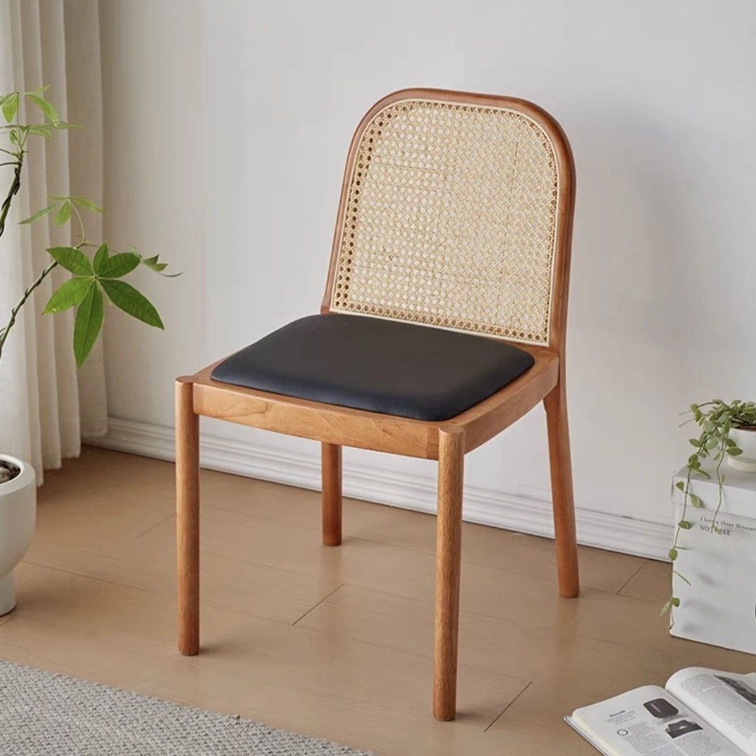 Contemporary Nordic Wood Leather Square Dining Chair For Dining Room And Living Room