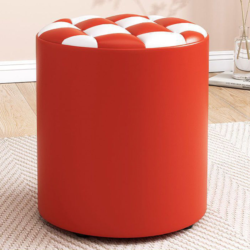 Modern Minimalist Wood & Faux Leather Checkerboard Cylinder Low Stool For Bedroom & Living Room