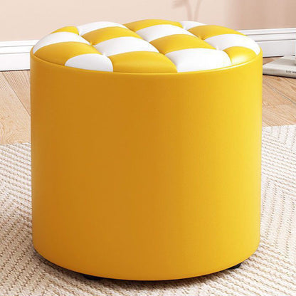 Modern Minimalist Wood & Faux Leather Checkerboard Cylinder Low Stool For Bedroom & Living Room