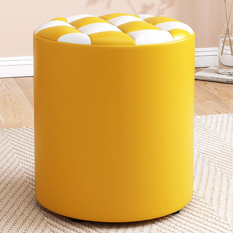 Modern Minimalist Wood & Faux Leather Checkerboard Cylinder Low Stool For Bedroom & Living Room
