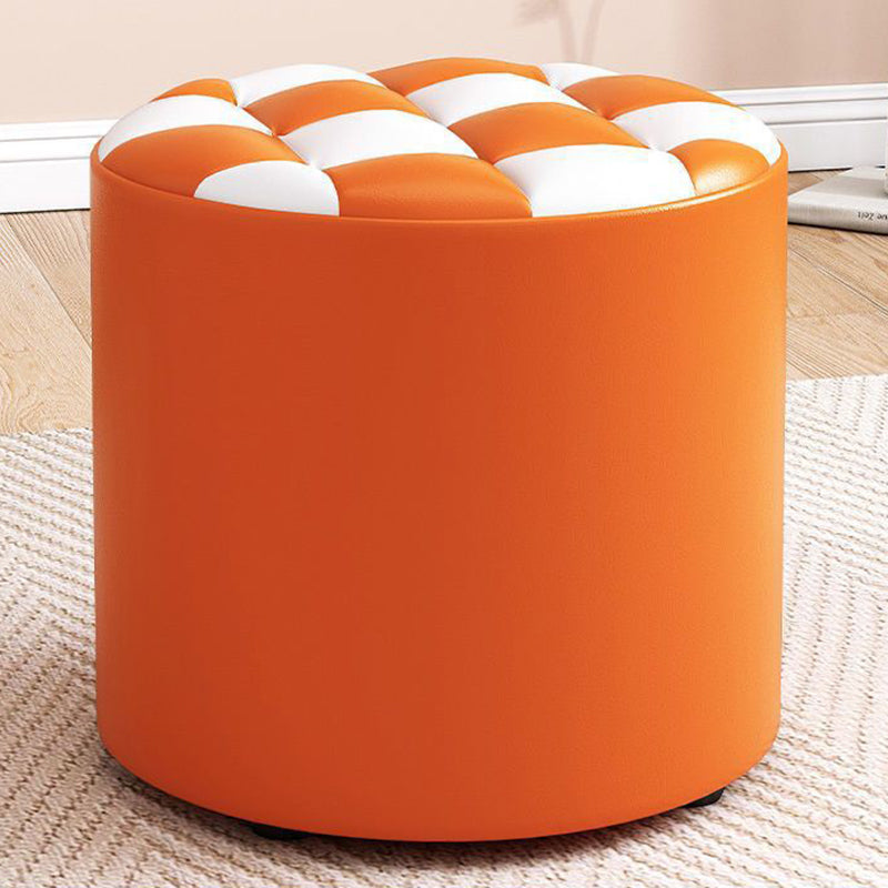 Modern Minimalist Wood & Faux Leather Checkerboard Cylinder Low Stool For Bedroom & Living Room