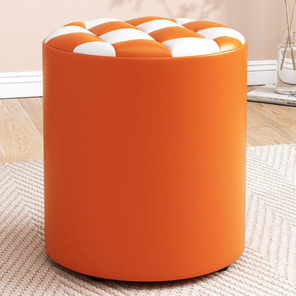 Modern Minimalist Wood & Faux Leather Checkerboard Cylinder Low Stool For Bedroom & Living Room