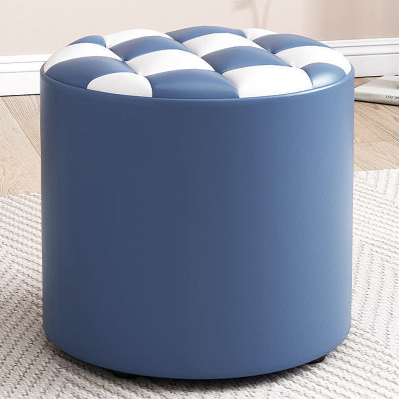 Modern Minimalist Wood & Faux Leather Checkerboard Cylinder Low Stool For Bedroom & Living Room