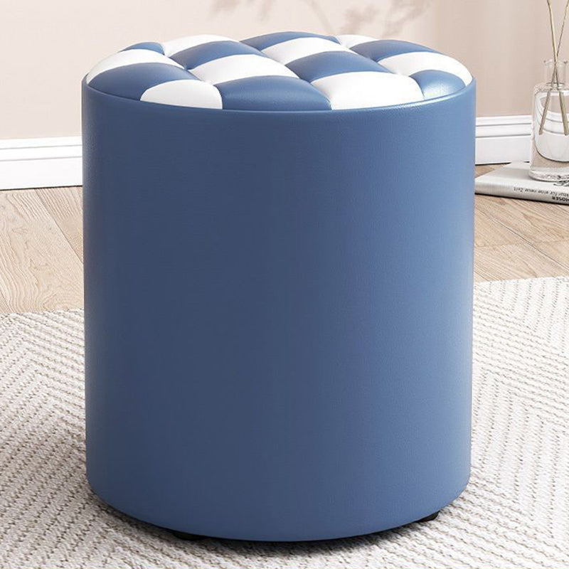 Modern Minimalist Wood & Faux Leather Checkerboard Cylinder Low Stool For Bedroom & Living Room