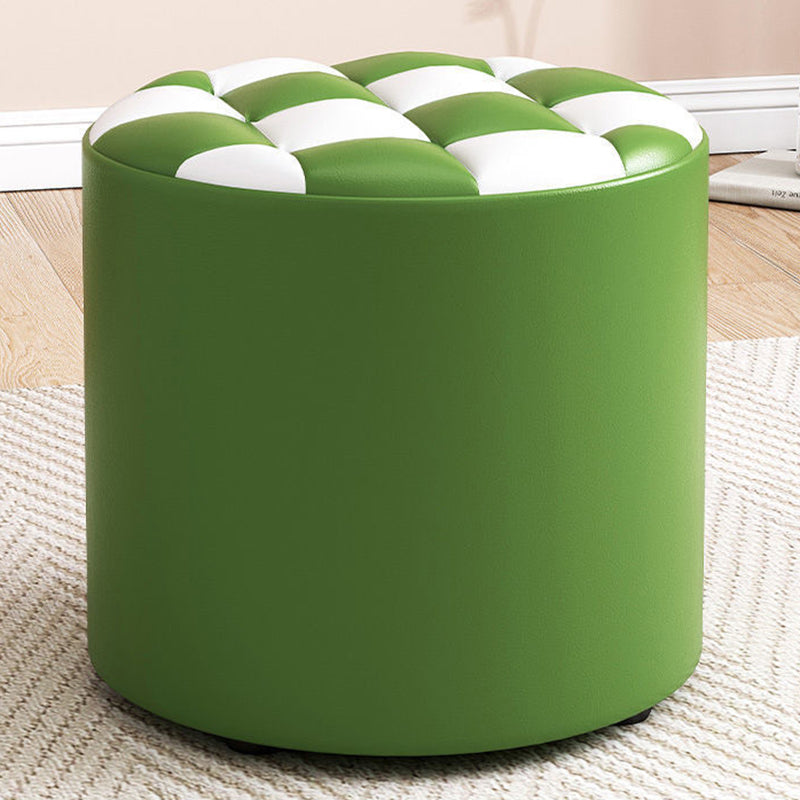 Modern Minimalist Wood & Faux Leather Checkerboard Cylinder Low Stool For Bedroom & Living Room