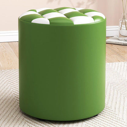 Modern Minimalist Wood & Faux Leather Checkerboard Cylinder Low Stool For Bedroom & Living Room