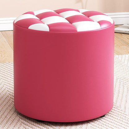 Modern Minimalist Wood & Faux Leather Checkerboard Cylinder Low Stool For Bedroom & Living Room