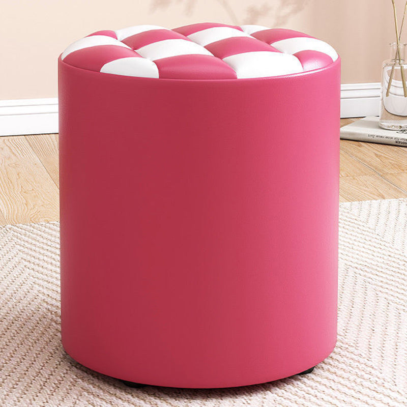 Modern Minimalist Wood & Faux Leather Checkerboard Cylinder Low Stool For Bedroom & Living Room
