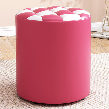 Modern Minimalist Wood & Faux Leather Checkerboard Cylinder Low Stool For Bedroom & Living Room