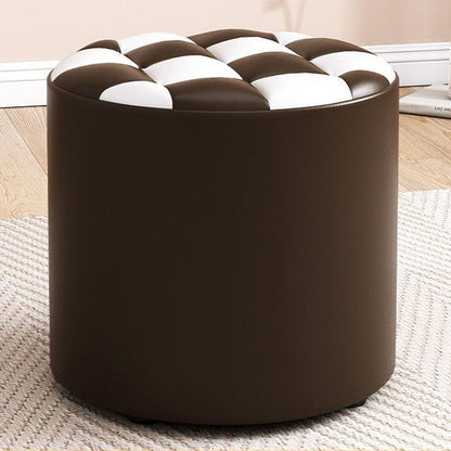 Modern Minimalist Wood & Faux Leather Checkerboard Cylinder Low Stool For Bedroom & Living Room