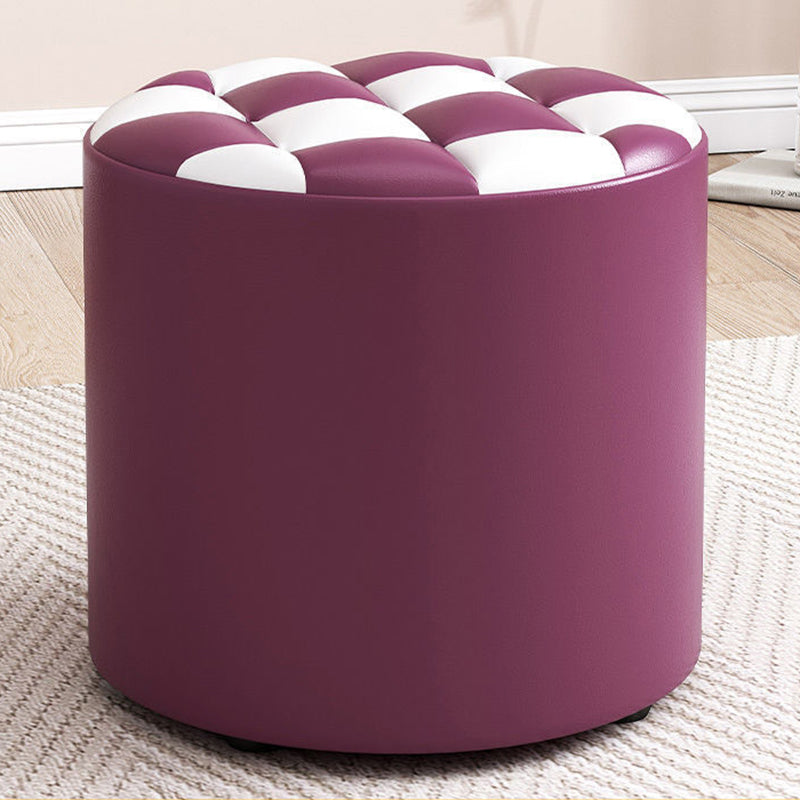 Modern Minimalist Wood & Faux Leather Checkerboard Cylinder Low Stool For Bedroom & Living Room