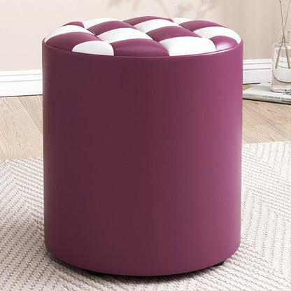 Modern Minimalist Wood & Faux Leather Checkerboard Cylinder Low Stool For Bedroom & Living Room