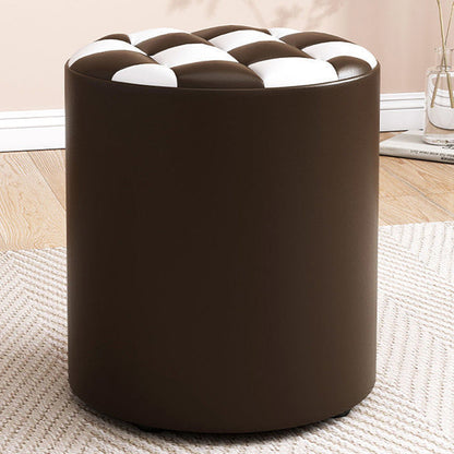 Modern Minimalist Wood & Faux Leather Checkerboard Cylinder Low Stool For Bedroom & Living Room