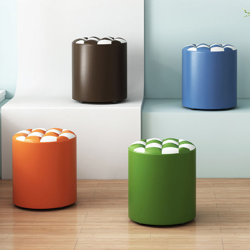 Modern Minimalist Wood & Faux Leather Checkerboard Cylinder Low Stool For Bedroom & Living Room