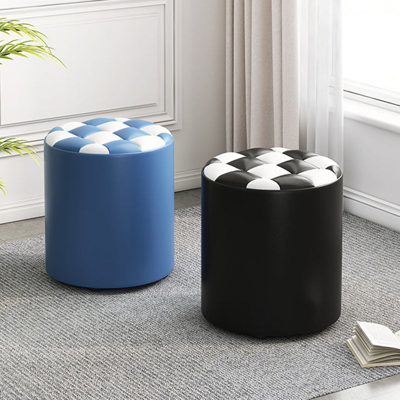 Modern Minimalist Wood & Faux Leather Checkerboard Cylinder Low Stool For Bedroom & Living Room