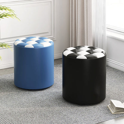 Modern Minimalist Wood & Faux Leather Checkerboard Cylinder Low Stool For Bedroom & Living Room