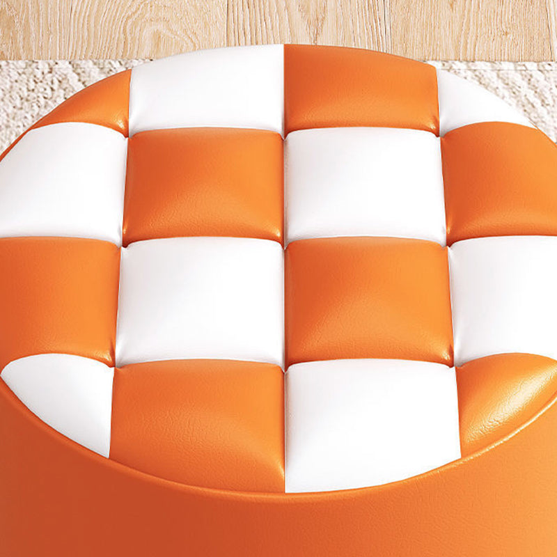 Modern Minimalist Wood & Faux Leather Checkerboard Cylinder Low Stool For Bedroom & Living Room