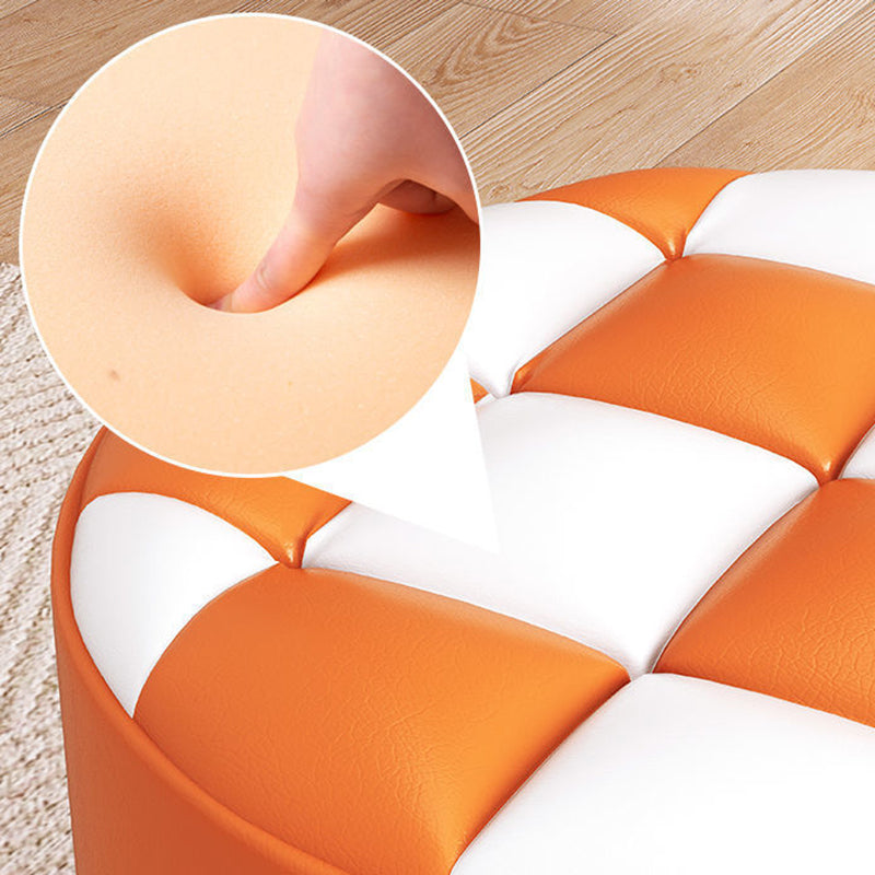 Modern Minimalist Wood & Faux Leather Checkerboard Cylinder Low Stool For Bedroom & Living Room