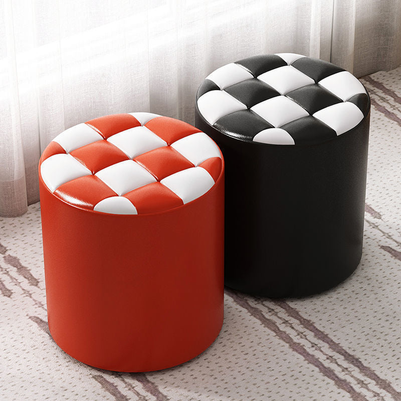 Modern Minimalist Wood & Faux Leather Checkerboard Cylinder Low Stool For Bedroom & Living Room